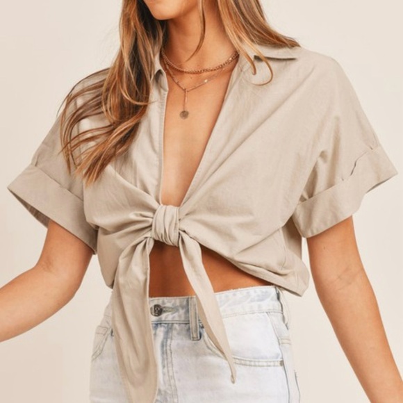 Mable Tops - Mable The Label Tie Front Cropped Short Sleeve Collared Top Large Linen Blend